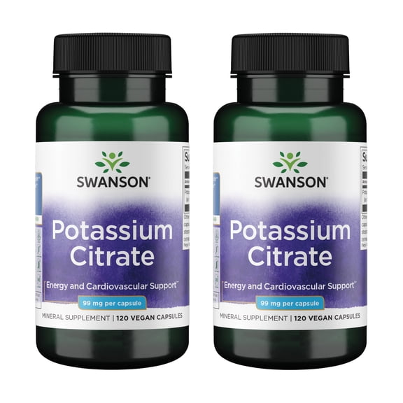 Swanson Potassium Citrate - Mineral Supplement Promoting Heart Health & Energy Support - Aids Optimal Nerve & Kidney Function with Natural Ingredients - (120 Capsules, 99mg Each) (2 Pack)