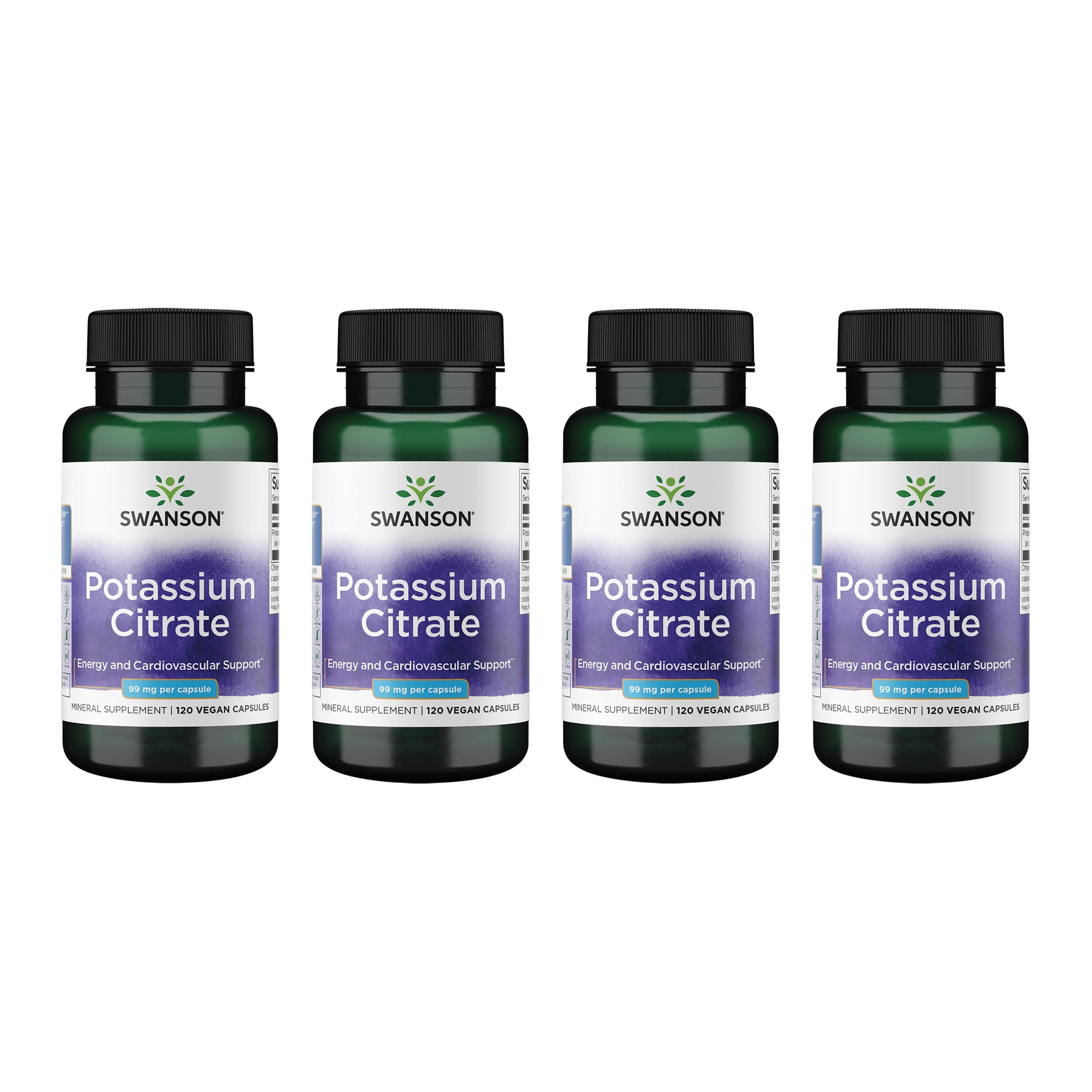 Swanson Potassium Citrate - Mineral Supplement Promoting Heart Health & Energy Support - Aids Optimal Nerve & Kidney Function with Natural Ingredients - (120 Capsules, 99mg Each) (4 Pack)