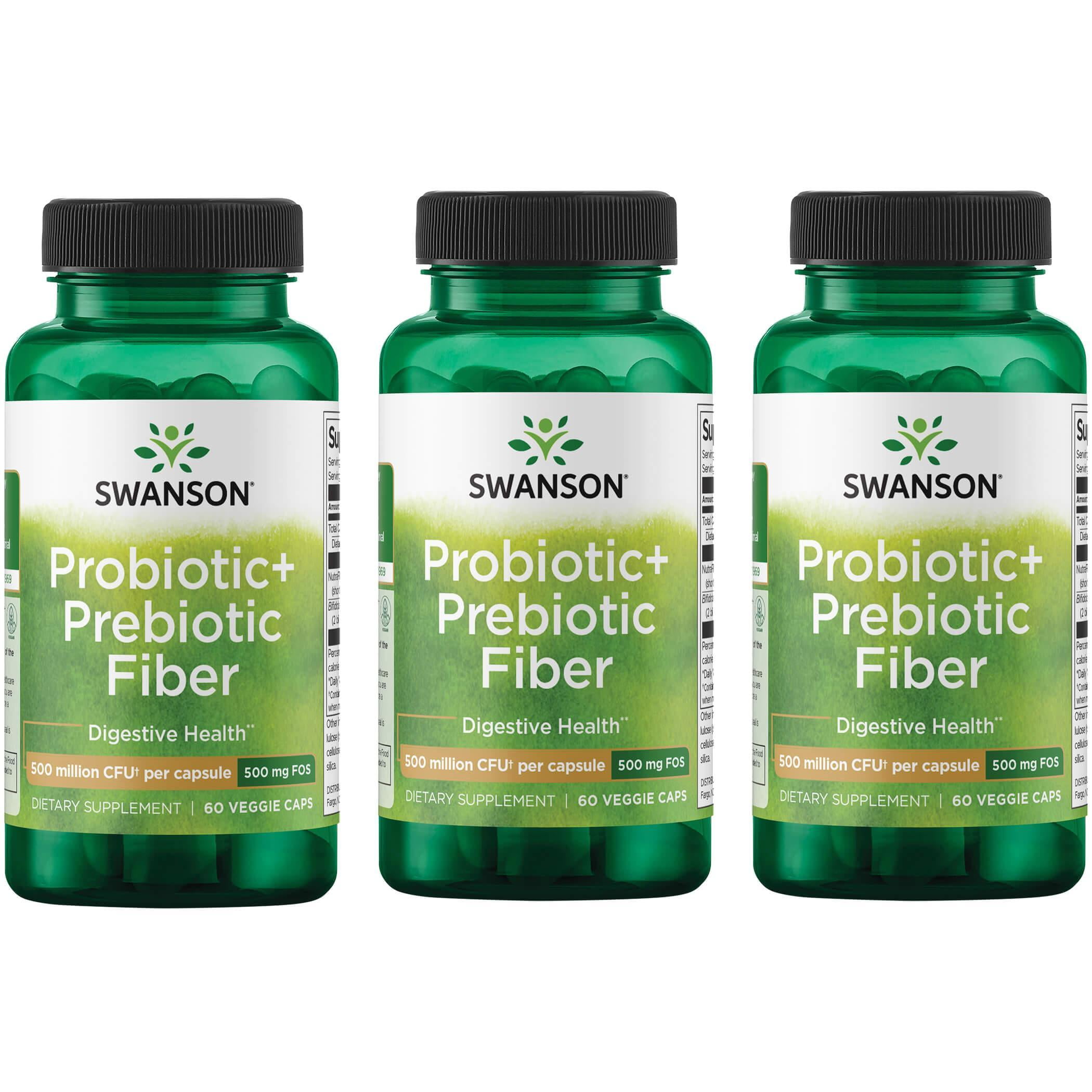 Swanson Prebiotic + Probiotic Fiber Supplement, Helps Support Digestive System & Immune Health, 500 mg FOS, 60 Veggie Capsules, 3-Pack