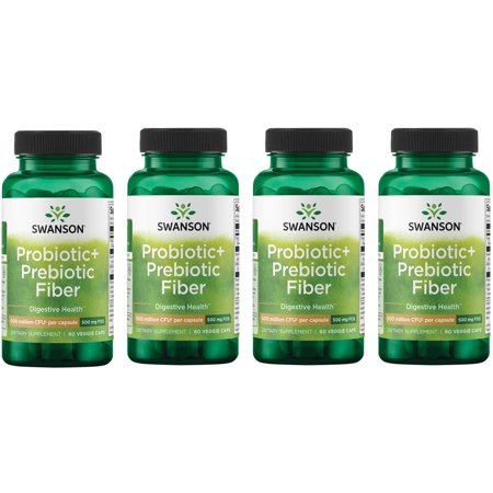 Swanson Prebiotic + Probiotic Fiber Supplement, Helps Support Digestive System & Immune Health, 500 mg FOS, 60 Veggie Capsules, 4-Pack