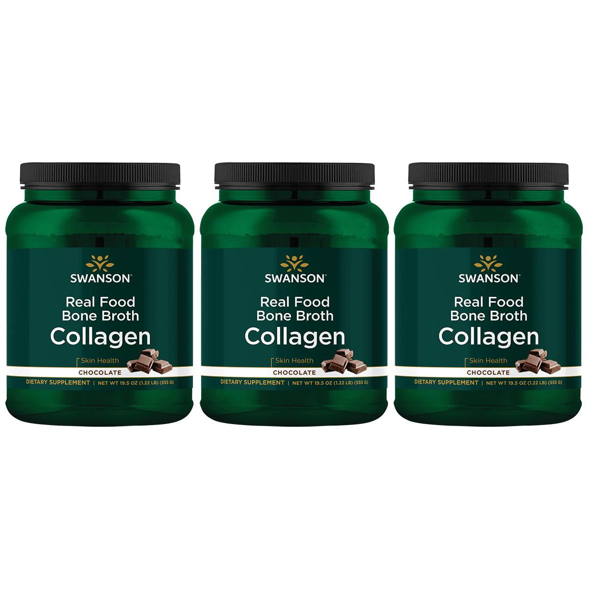 Swanson Real Food Bone Broth Collagen Chocolate 19.5 oz Pwdr 3 Pack