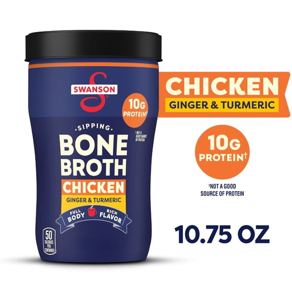Swanson Sipping Chicken Bone Broth with Ginger and Turmeric, 10.75 oz Microwavable Cup