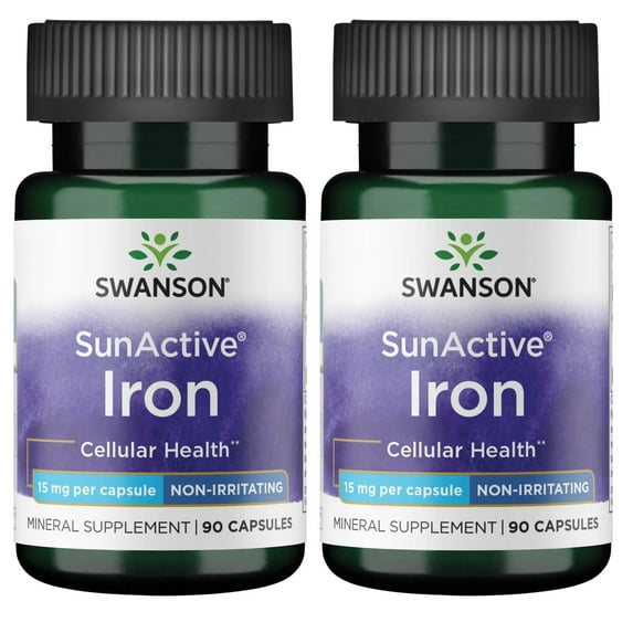 Swanson Sunactive Non-Irritating Iron 15 Milligrams 90 Capsules (2 Pack)