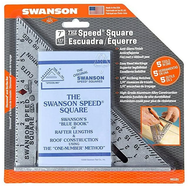 Swanson Tool 7 inch Aluminum Speed Square with Black Markings & Blue Book, Model S0101, Count Per Pack is 1