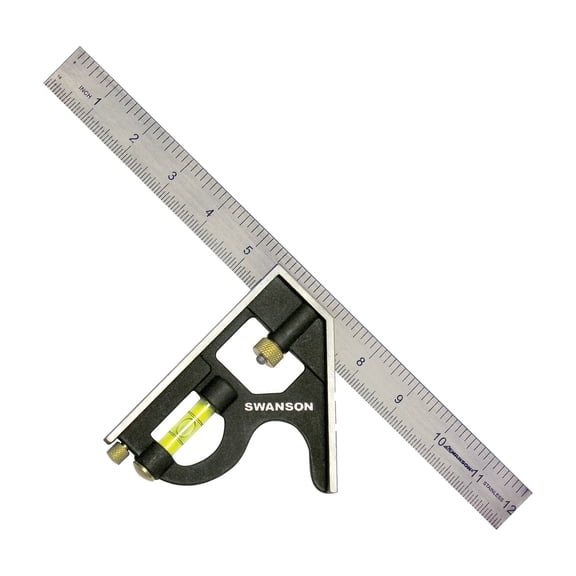 Swanson Tool Co 12" Combination Square, Stainless Steel Ruler, Built-In Scriber, Zinc Head, Vial for Leveling, Model TC132