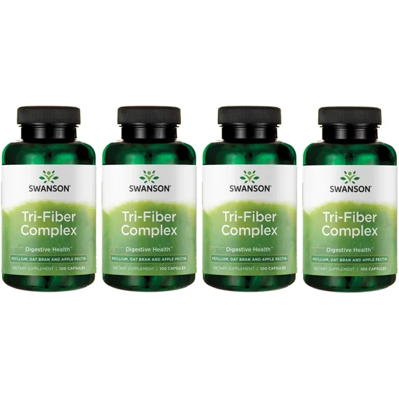 Swanson Tri-Fiber Complex Digestive Health Supplement with Psyllium, Oat Bran, Apple Pectin, 100 Capsules, 4 Pack