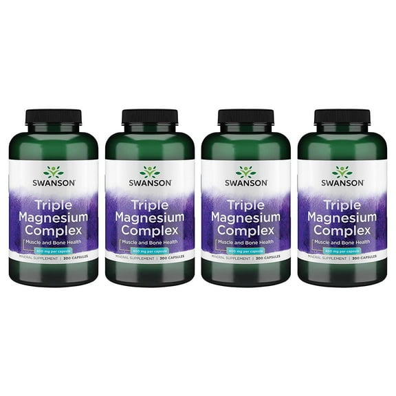 Swanson Triple Magnesium Complex - Mineral Supplement - Natural Support - Featuring Citrate, Oxide & Aspartate - (300 Capsules, 400mg Each, 4 Pack)