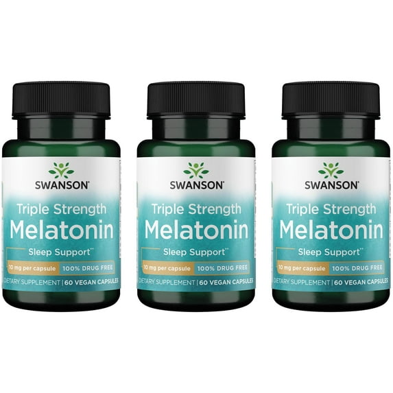 Swanson Triple Strength Melatonin - 100% Drug Free 10 mg 60 Vegan Caps 3 Pack