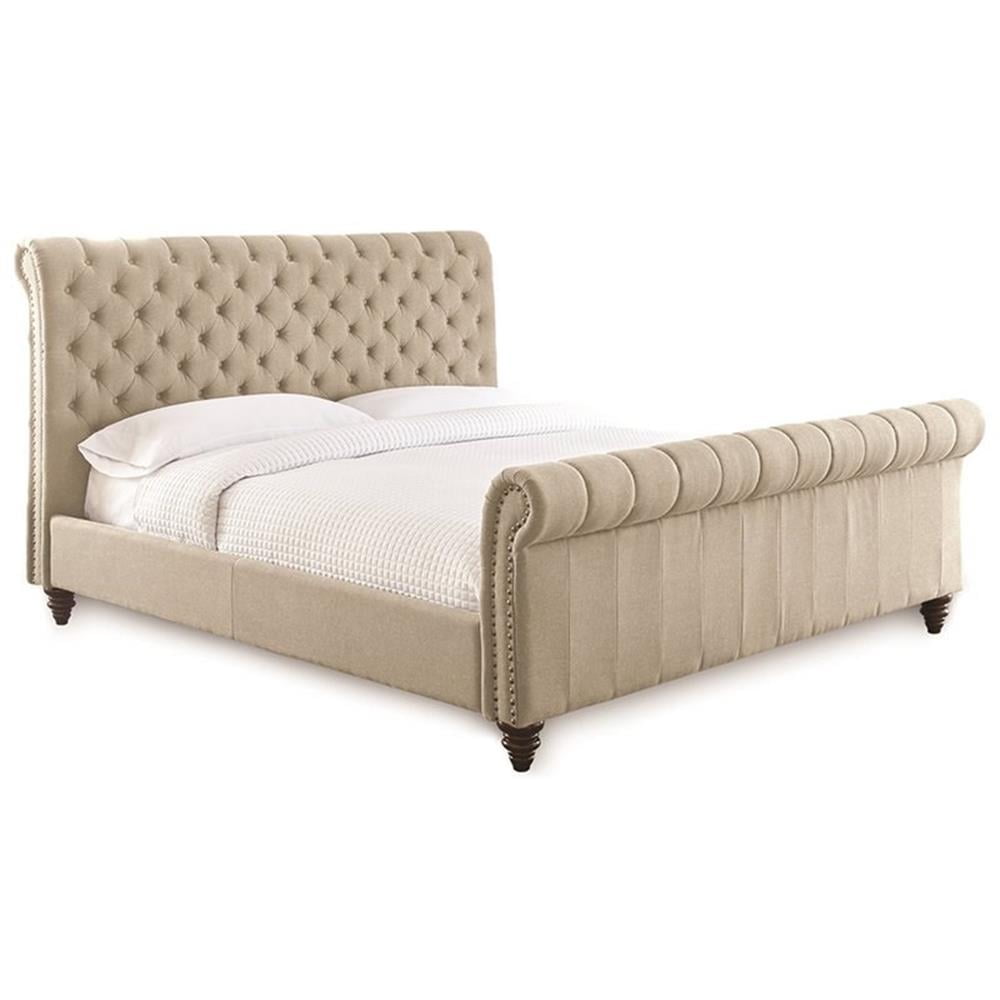 Transitional Beige Linen King Sleigh Bed with Nailhead Trim