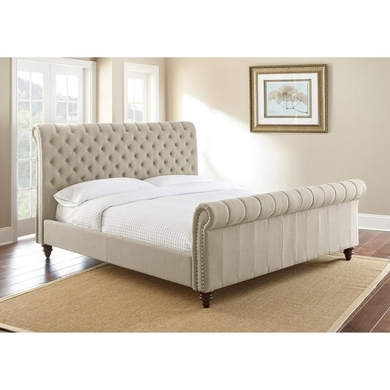 Beige upholstered sleigh sale bed