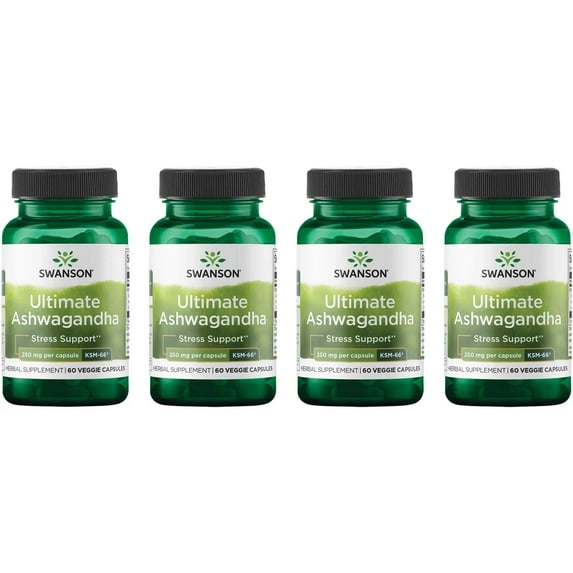 Swanson Ultimate Ashwagandha KSM-66 - Herbal Supplement Supporting Healthy Stress Levels & Relaxation - Natural Formula to Promote a Calm & Relaxed Mindset - (60 Veggie Capsules, 250mg Each) 4 Pack