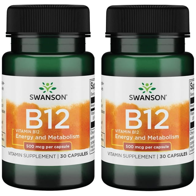 Swanson Vitamin B12 Cyanocobalamin 500 mcg 30 Caps 2 Pack