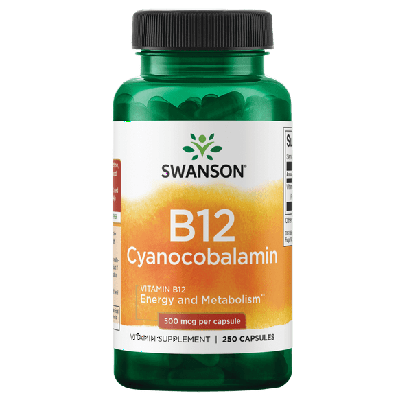 Swanson Vitamin B12 (Cyanocobalamin) - Vitamin Supplement Promoting Energy Metabolism, Nervous System Health & Heart Support - Supports Red Blood Cell Formation (250 Capsules, 500mcg Each)