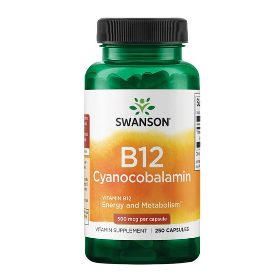 Swanson Vitamin B12 (Cyanocobalamin) - Vitamin Supplement Promoting Energy Metabolism, Nervous System Health & Heart Support - Supports Red Blood Cell Formation (250 Capsules, 500mcg Each)