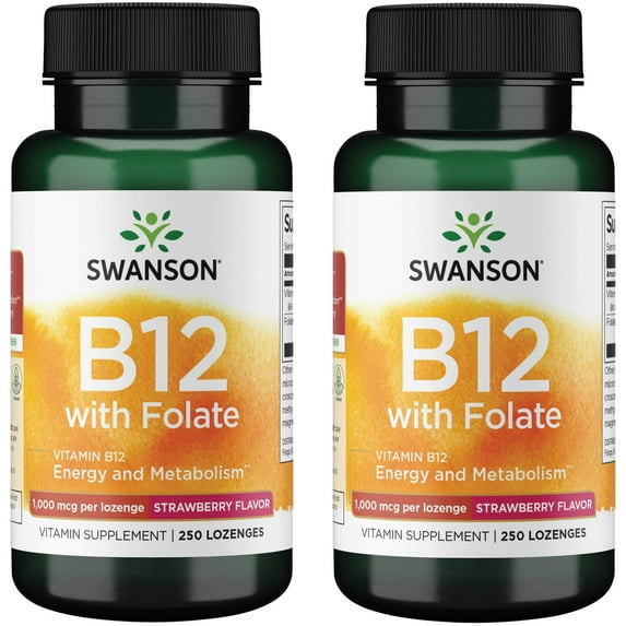 Swanson Vitamin B12 with Folate - Strawberry Flavor 1,000 mcg 250 Loz 2 Pack