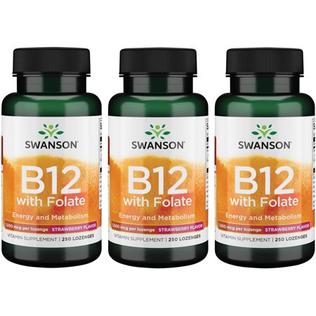 Swanson Vitamin B12 with Folate - Strawberry Flavor 1,000 mcg 250 Loz 3 Pack