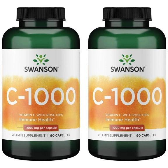 Swanson Vitamin C w/ Rose Hips - Herbal Supplement Promoting Skin Health, Heart Health & Immune System Support - Natural Formula Promoting Protection & Wellness - (90 Capsules, 1000mg Each) (2 Pack)