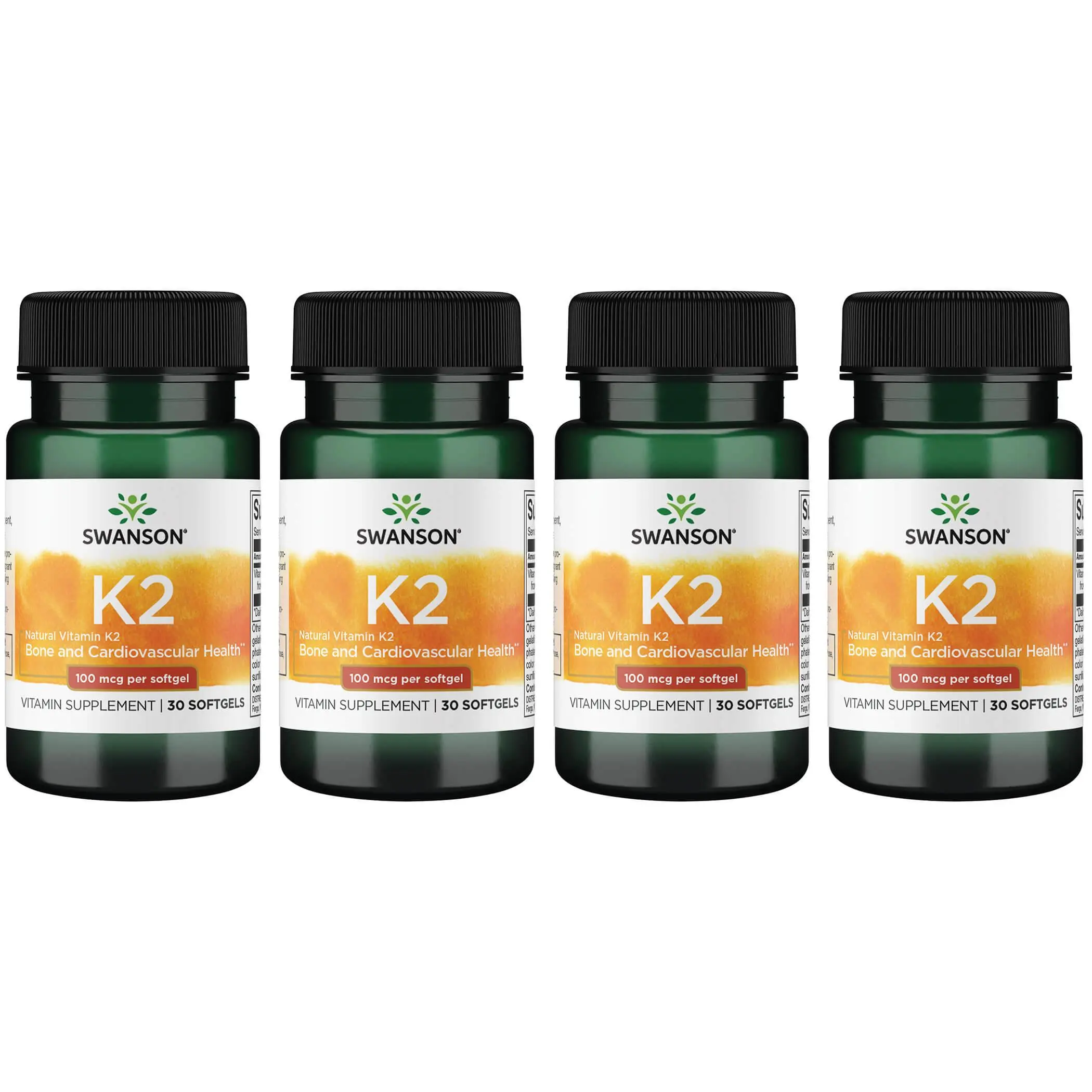 Swanson Vitamin K2 (Menaquinone-7) - Vitamin Supplement Supporting Cardiovascular and Bone Health - Made from Japanese Natto to Help Regulate Calcium - (30 Softgels, 100mcg Each) 4 Pack