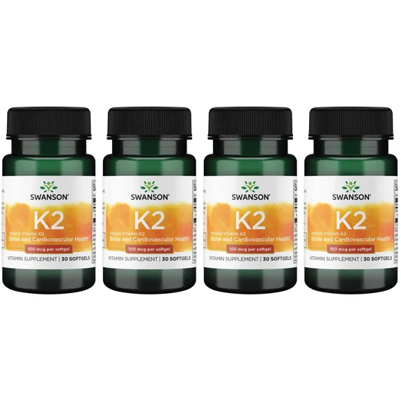 Swanson Vitamin K2 (Menaquinone-7) - Vitamin Supplement Supporting Cardiovascular and Bone Health - Made from Japanese Natto to Help Regulate Calcium - (30 Softgels, 100mcg Each) 4 Pack