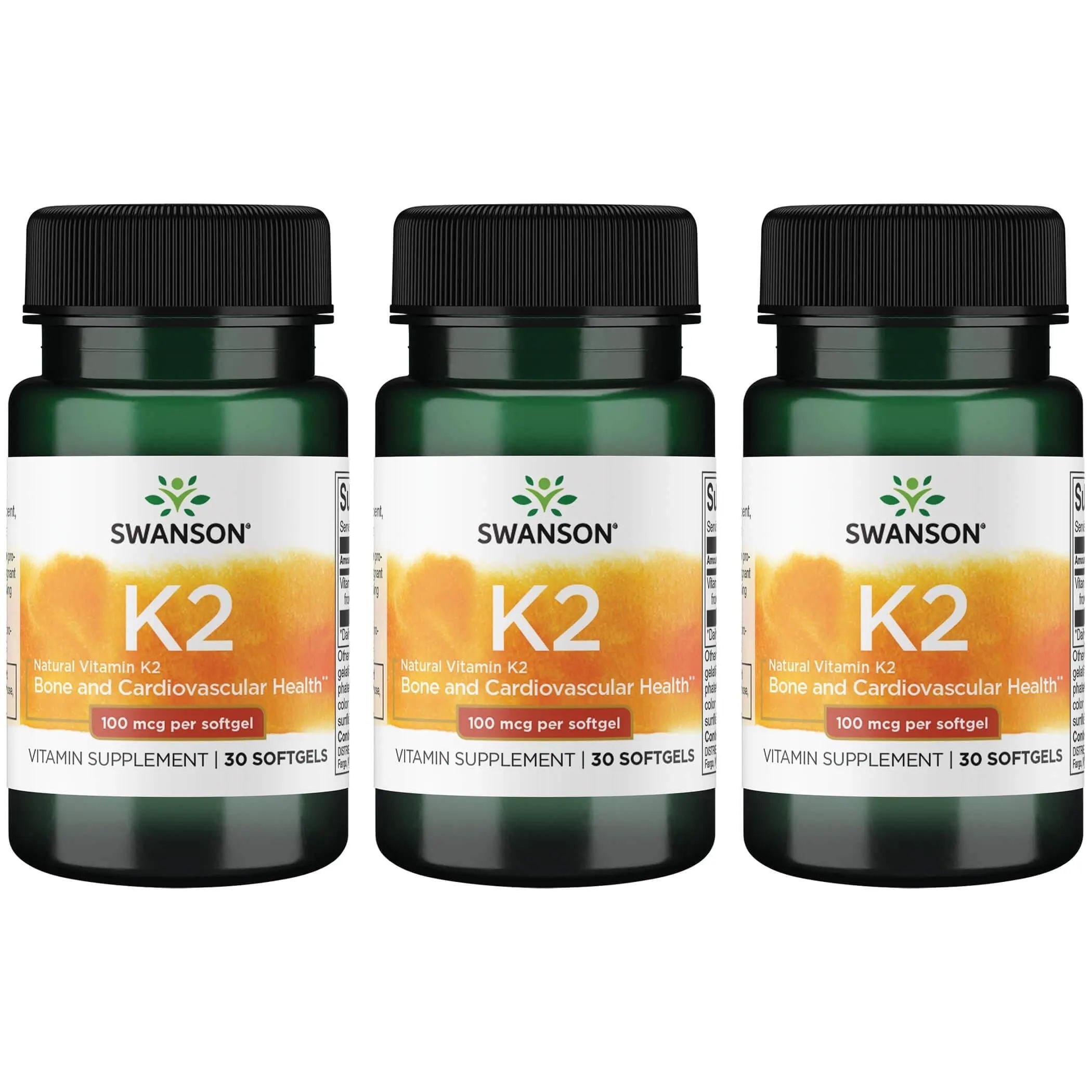 Swanson Vitamin K2 (Menaquinone-7) - Vitamin Supplement Supporting Cardiovascular and Bone Health - Made from Japanese Natto to Help Regulate Calcium - (30 Softgels, 100mcg Each) (3 Pack)