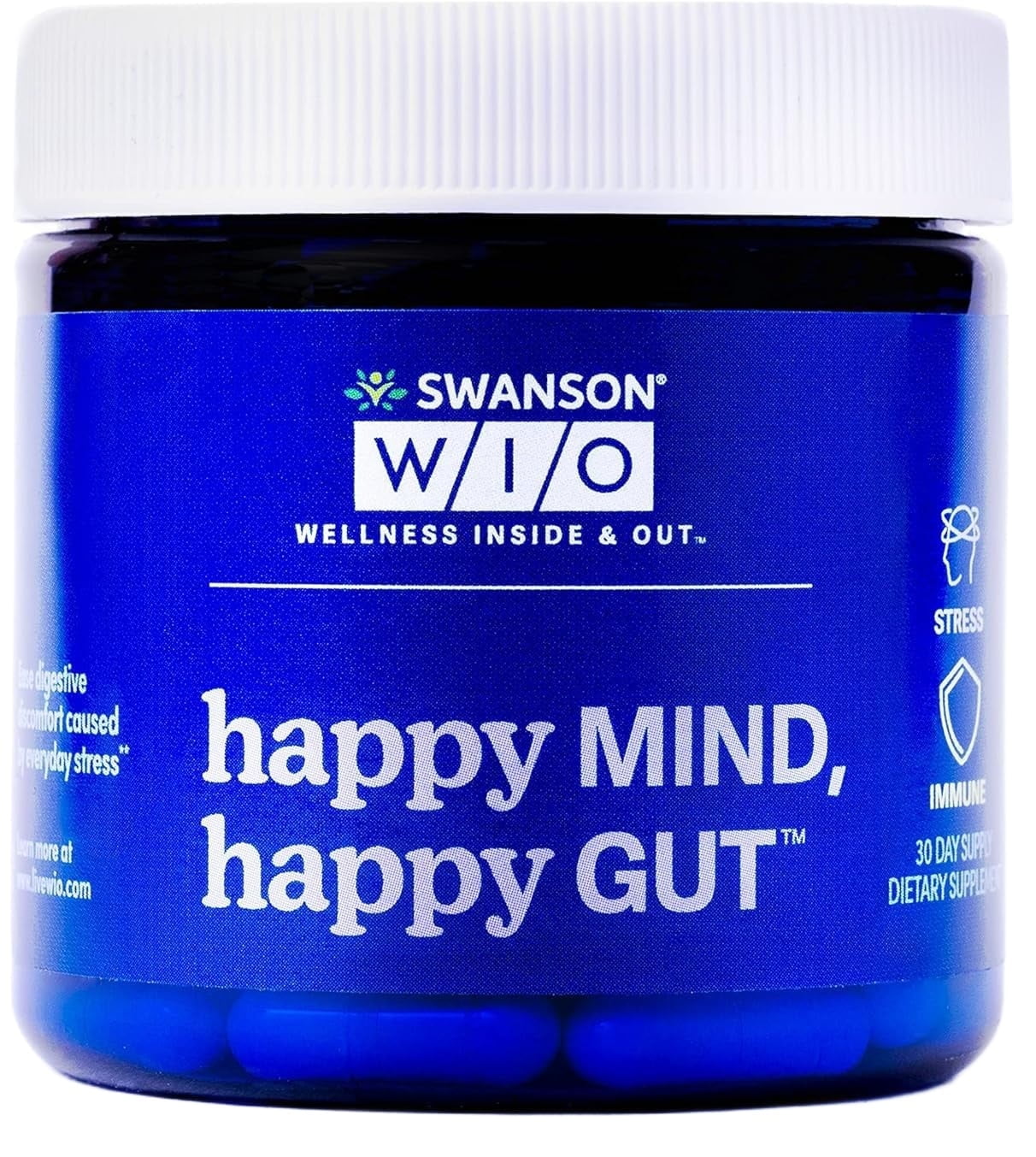 Swanson WIO happy MIND, happy GUT Stress Support, Digestive Support, Probiotics Promote Gut Microflora, Better Mood, Cognitive Health, Mental Wellness, 30 Veggie Capsules (30-Day Supply)
