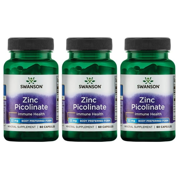 Swanson Zinc Picolinate Mineral Supplement, Helps Support Immune, Prostate & Vision Health, 22 mg (60 Capsules) (3-pack)