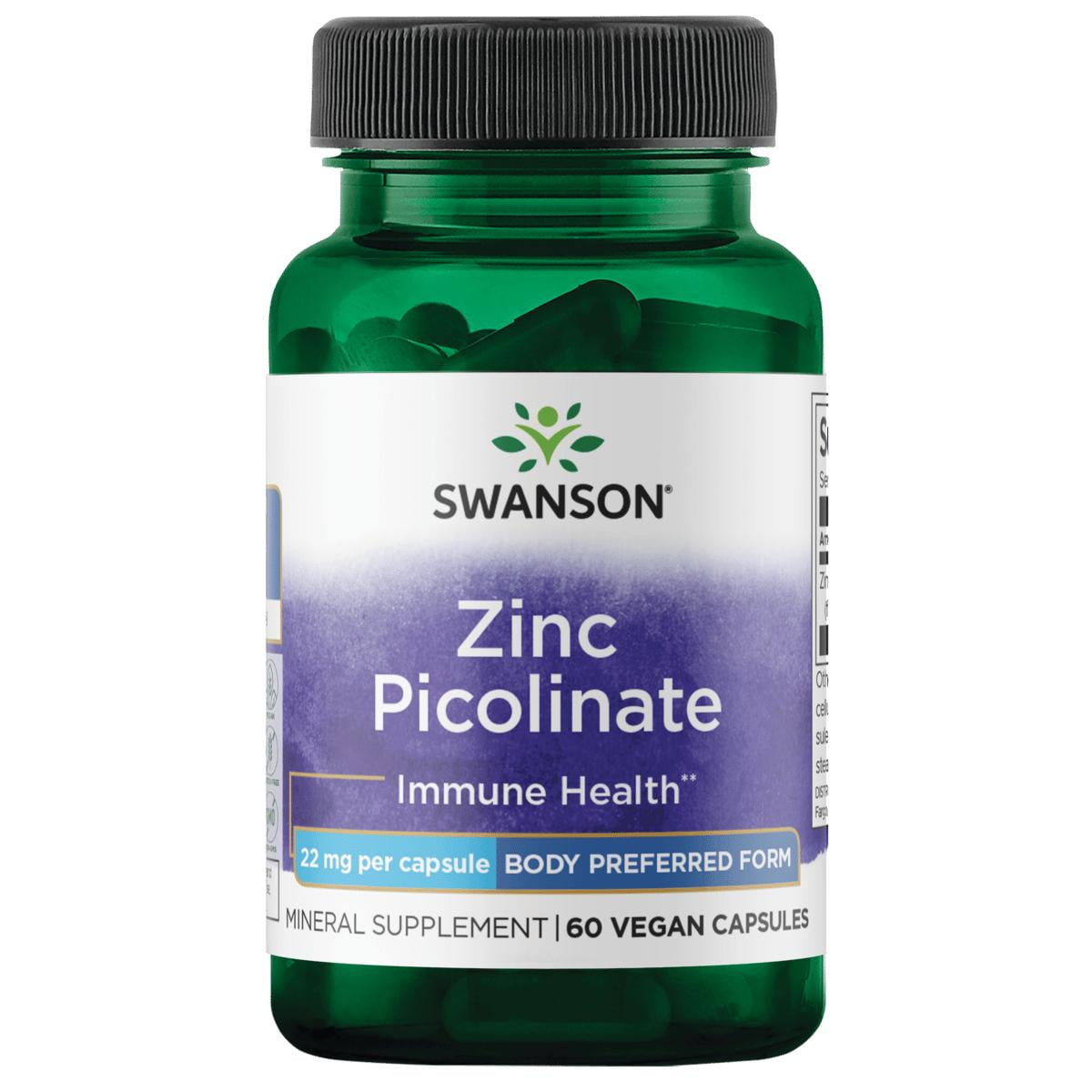 Swanson Zinc Picolinate - Mineral Supplement Promoting Prostate Health, Vision Health, & Immune Support - Body Preferred Form of Chelated Zinc - (60 Capsules, 22mg Each)