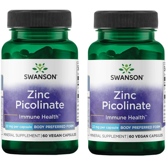 Swanson Zinc Picolinate - Mineral Supplement Promoting Prostate Health, Vision Health, & Immune Support - Body Preferred Form of Chelated Zinc - (60 Capsules, 22mg Each) (2 Pack)