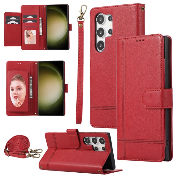 Swarich Wallet Case For Galaxy S22 Ultra,Magnetic Flip Folio Stand Purse Case with Shoulder Wrist Strap Card Slots Cover Hidden Mirror Protective Cover for Samsung Galaxy S22 Ultra 6.8" 2022,Red