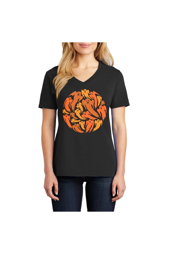 Swarm of Ghost Ladies Big Size Core Cotton V neck T-Shirt - Jet Black 4XL