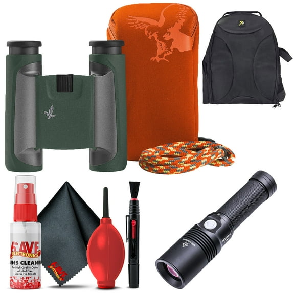 Swarovski 10x25 CL Pocket Mountain Binoculars (Green, Mountain Accessory Package) + Padded Backpack + Flashlight + 6Ave Cleaning Kit