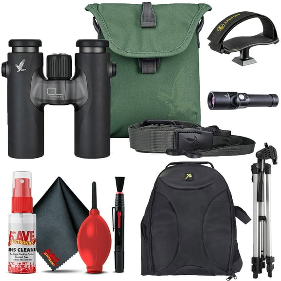 Swarovski 10x30 CL Companion Binocular (Anthracite, Urban Jungle Accessories Package) + Padded Backpack + Flashlight  + 6FT Tripod + Binocular Tripod Adapter + 6Ave Cleaning Kit