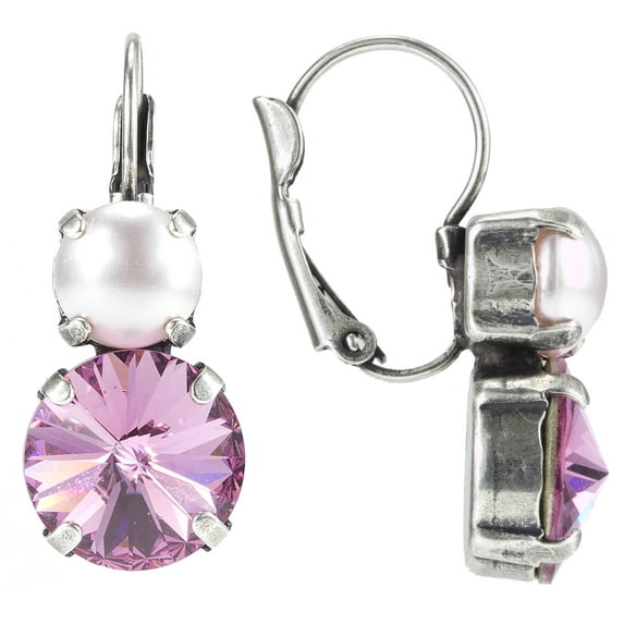 Swarovski 8mm Rosaline Pink Pearl and 12mm Crystal Rose Leverback Earrings Nickel Free