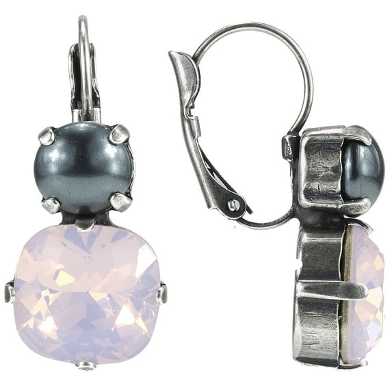 Swarovski 8mm Tahitian pearl and 12mm Rose Water Opal Cushion Cut Leverback Earrings Nickel Free