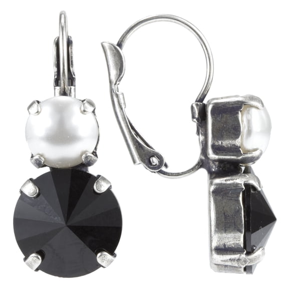 Swarovski 8mm White Pearl and 12mm Rivoli Black Jet Leverback Earrings
