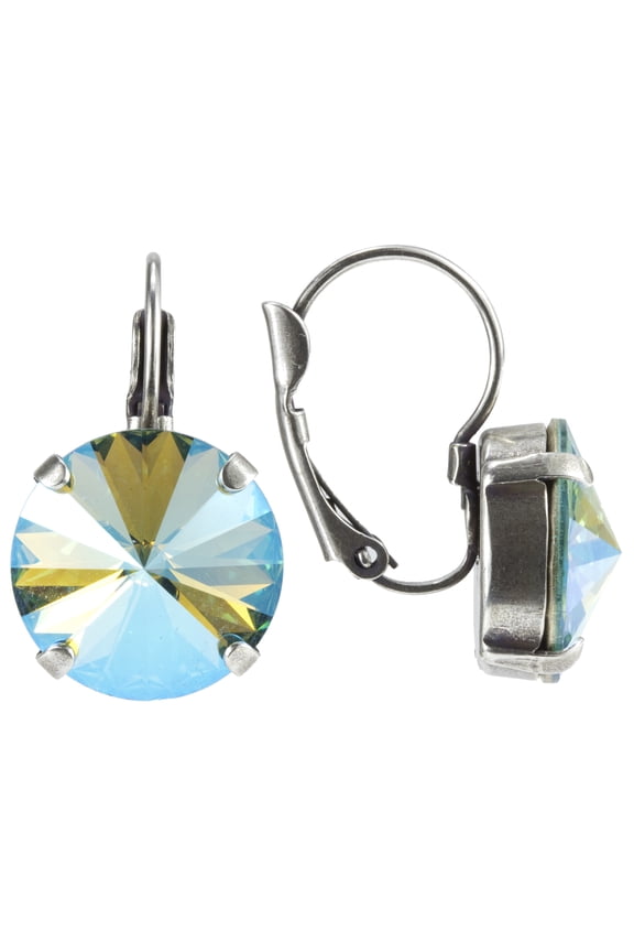 Swarovski Antique Silver Leverback Earring Featuring 14mm Round Rivoli Turquoise Glacier Blue