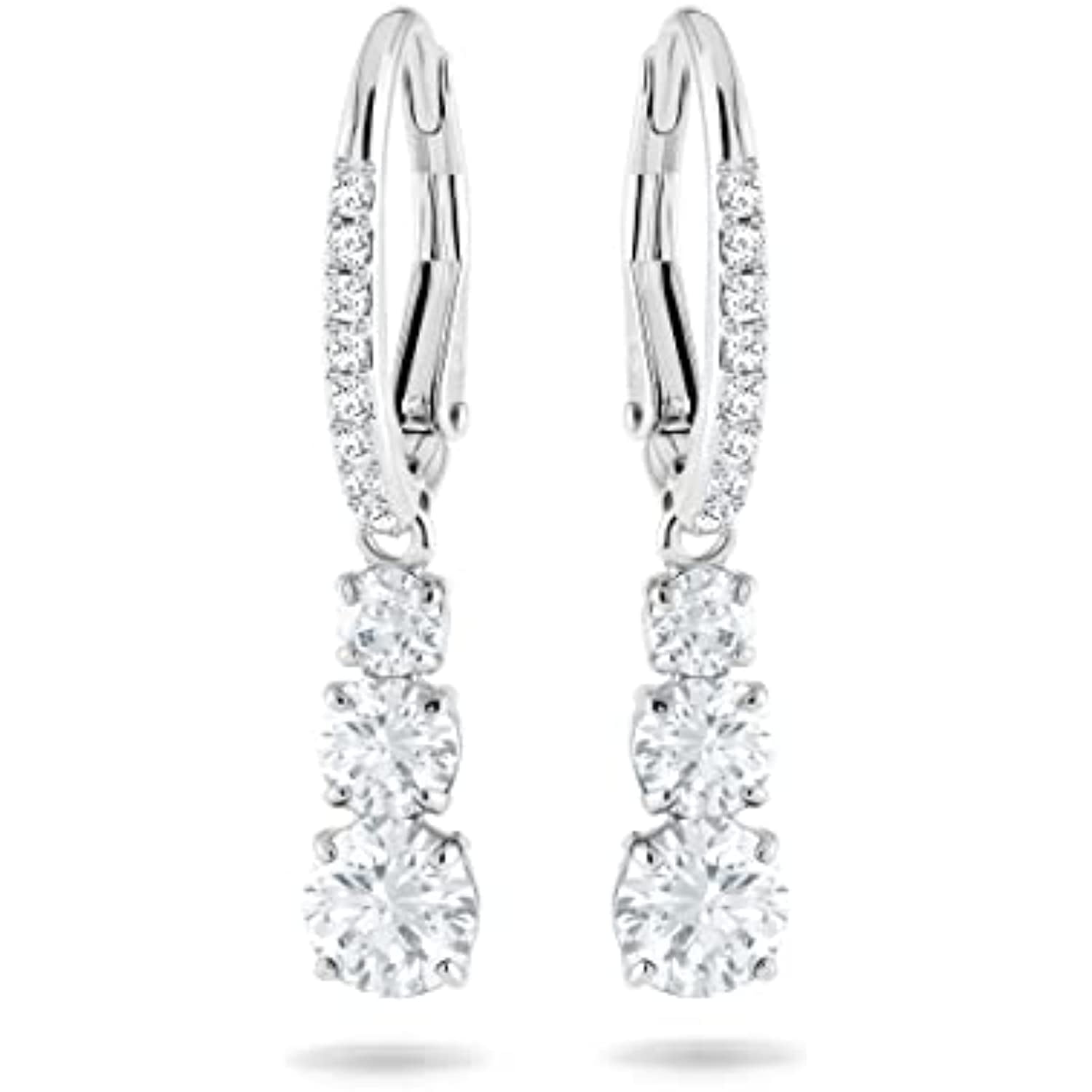 SWAROVSKI Attract Trilogy Drop Pierced Earrings with White Crystals on a Rhodium Plated Setting with Hinged Closure, 1 1/8 inches