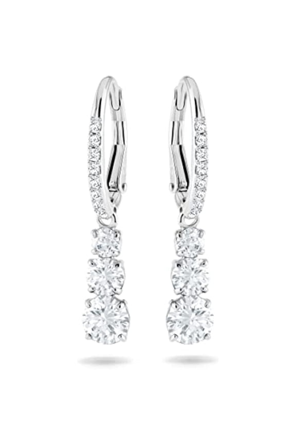Attract Trilogy Drop Pierced Earrings with White Crystals on a Rhodium Plated Setting with Hinged Closure, 1 1/8 inches
