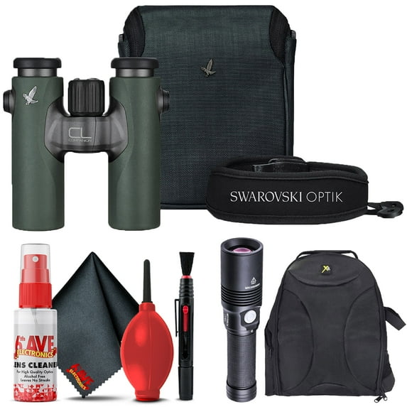 Swarovski CL Companion 10x30 Binocular (Green) & Wild Nature Accessory Pack + Padded Backpack + Flashlight + 6Ave Cleaning Kit