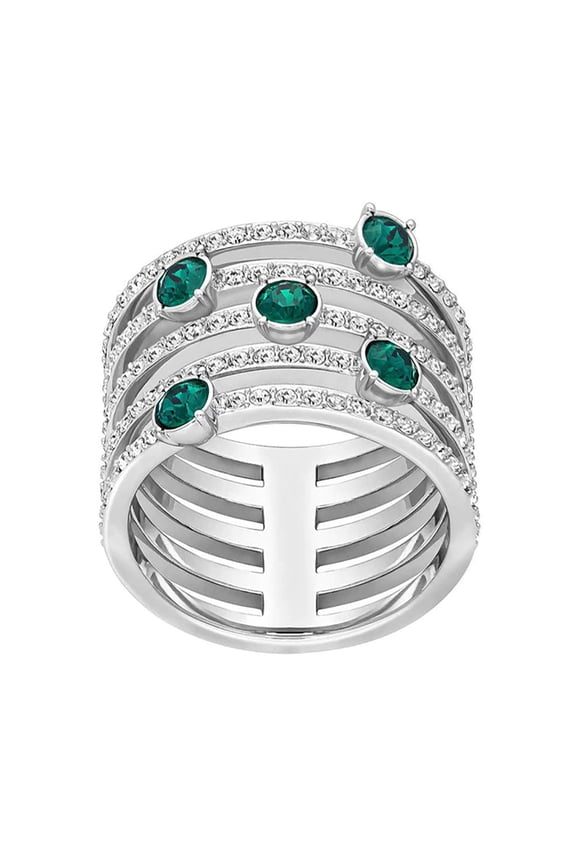 Creativity Wide Rhodium Plated Green & Clear Crystals Womens Ring Size 8 / 58 - 5184556