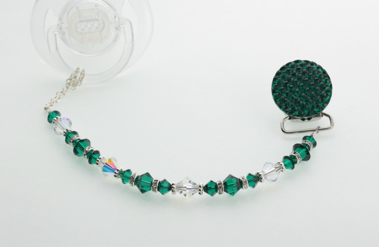 Swarovski Crystal Beads and Sterling Silver Daisy Spacers Pacifier Clip