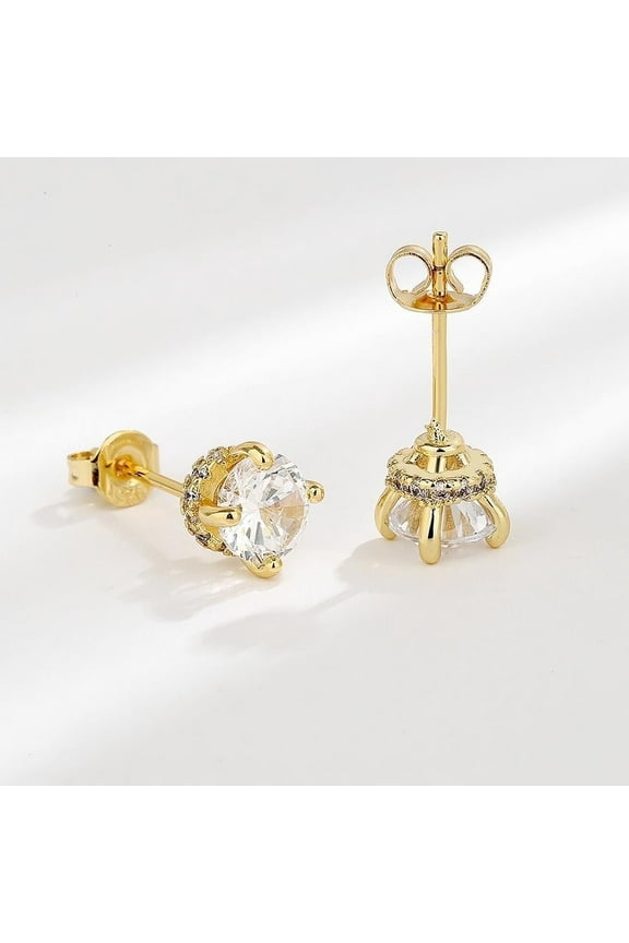 14 k Gold over Sterling Silver Crown Stud Earrings with Crystals