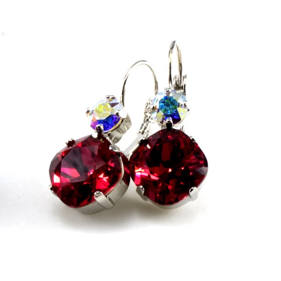 Swarovski Crystalled Element Red Scarlet 12MM Cushion Element with Crystal AB Leverback Earrings Shown in Rhodium