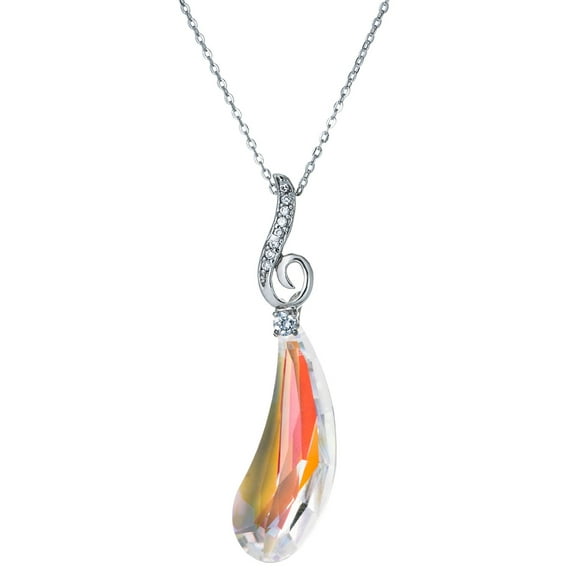 Swarovski Elements Crystal Artistic Teardrop Clear AB Pendant Rhodium-plated Silver Adjustable Chain Necklace 16" + 2" Extender