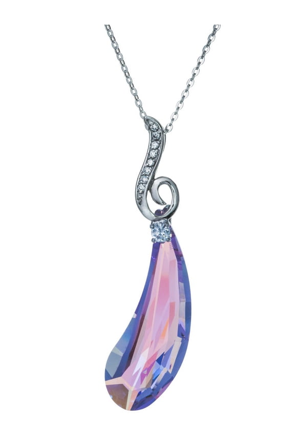 Swarovski Elements Crystal Artistic Teardrop Violet AB Pendant Rhodium-plated Silver Adjustable Chain Necklace 16" + 2" Extender