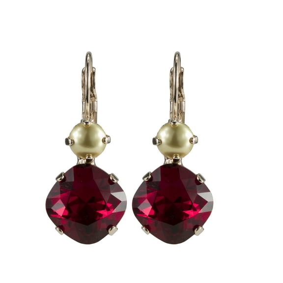 Swarovski Lever back Earrings 12mm Cushion Cut Ruby and Southsea Pearl Siam and 6mm Golden Pearl Nickel Free