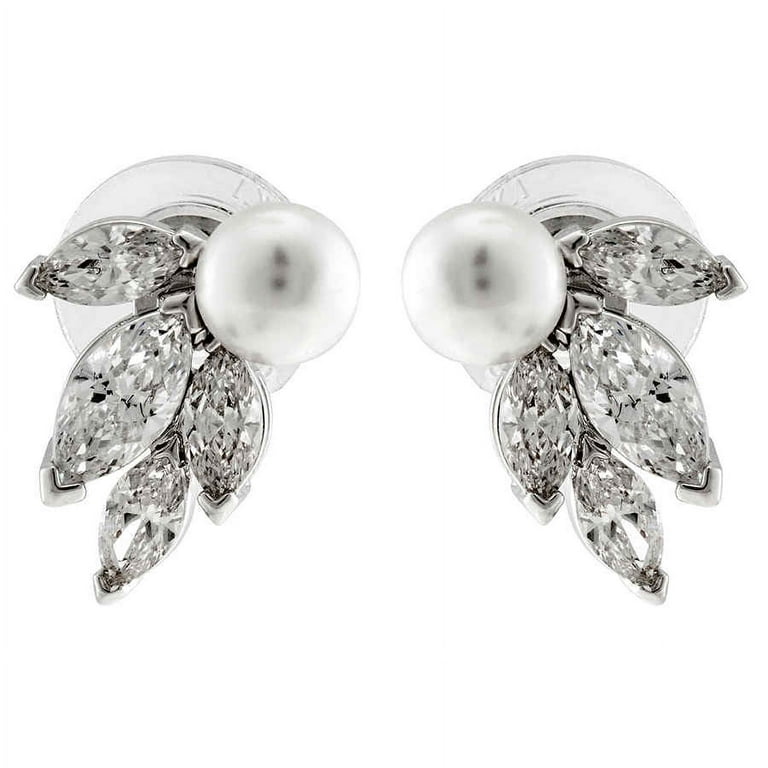 Louison Pearl stud earrings, Leaf, White, Rhodium plated