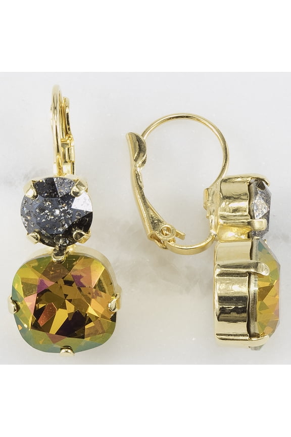 Swarovski Orange Pink Yellow Green Mahagany and Black Patina Stacked Leverback Earrings Shown in Gold Finish Nickel Free