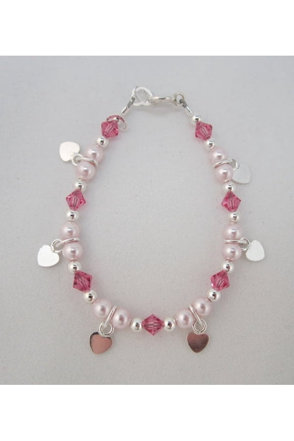 Swarovski Pink Pearls and Crystals with Sterling Silver Hanging Hearts Bracelet