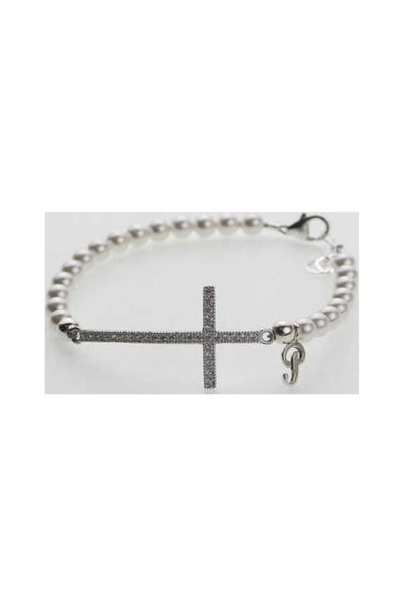 Swarovski White Pearls with Sideway Sterling Silver Cross and Script Initial Bracelet